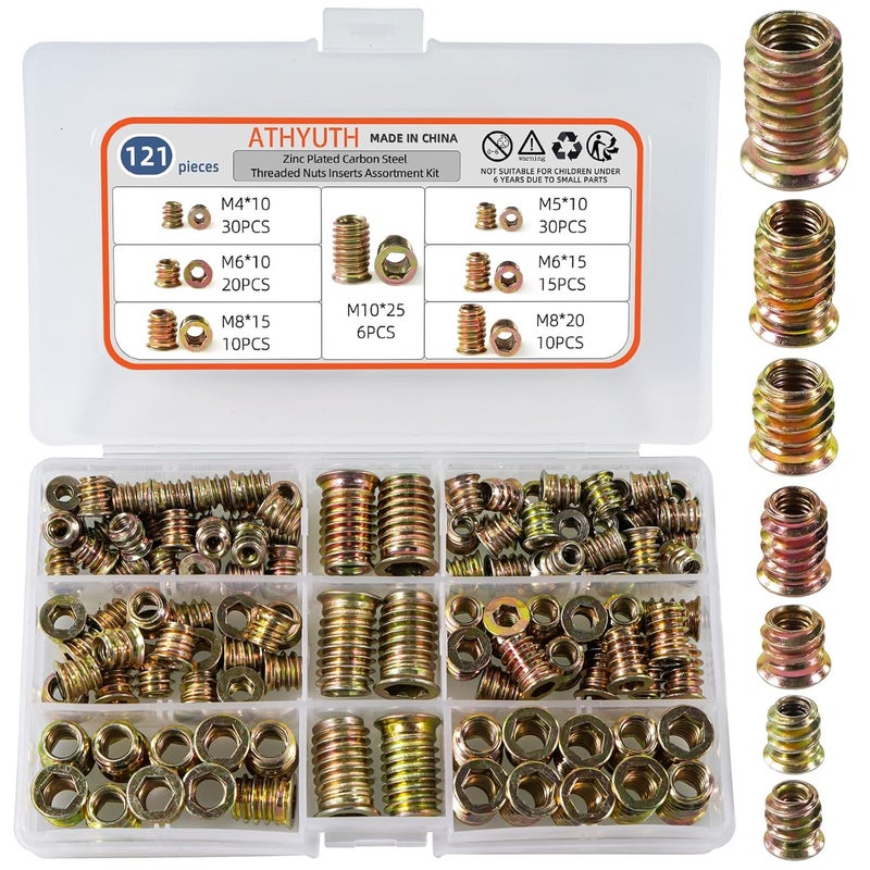 ATHYUTH Store Threaded Inserts for Wood, 121 Pieces Zinc Plated Steel Thread Insert Nuts Assortment kit for Hardwoods, Hex Socket Flanged Threaded Wood Inserts M4 M5 M6 M8 M10 Screw Inserts for Wooden Furniture - Image 1